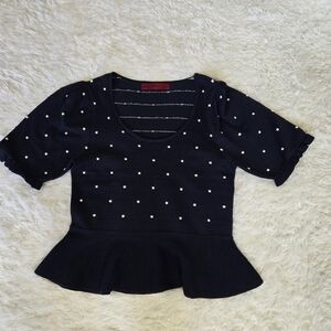 Love Scarlett Black Peplum Top with White Polka Dots M